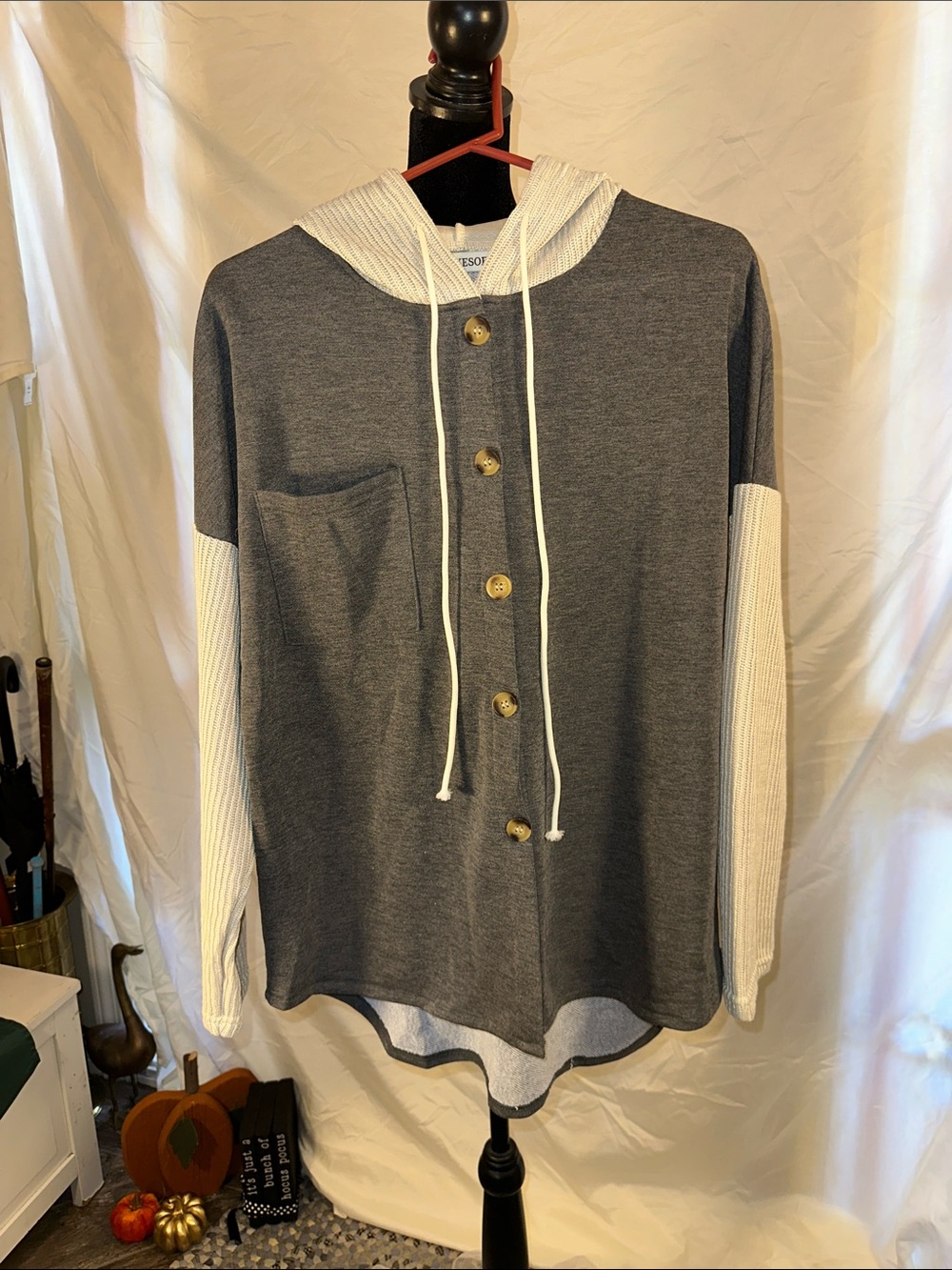 Gray and Cream Hooded Button-Front Women’s Sweatshirt